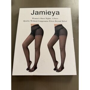 Jamieya 2 Pairs Black Sheer Tights for Women, 20D Control Top‎ Size Large Black